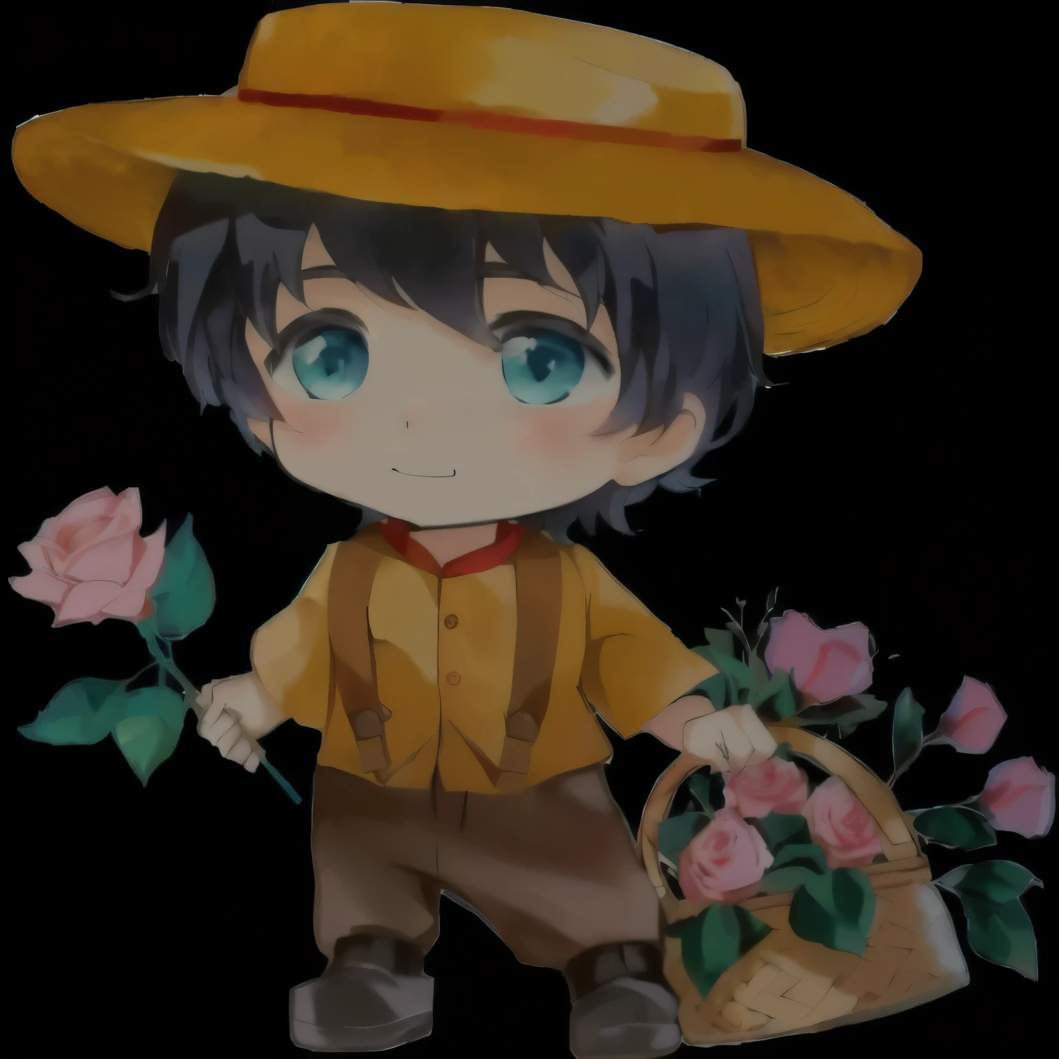anime with a basket of flowers and a rose, 🍁 cute, of bravely standard ii, official fanart, the flower prince, Holding flowers mágicas, cute boy, cute character, Holding flowers, inspired by Junpei Satoh, made with anime painter studio, carrying flowers, holding a flower, stylized anime, lalafell, with straw hat, high quality fanart