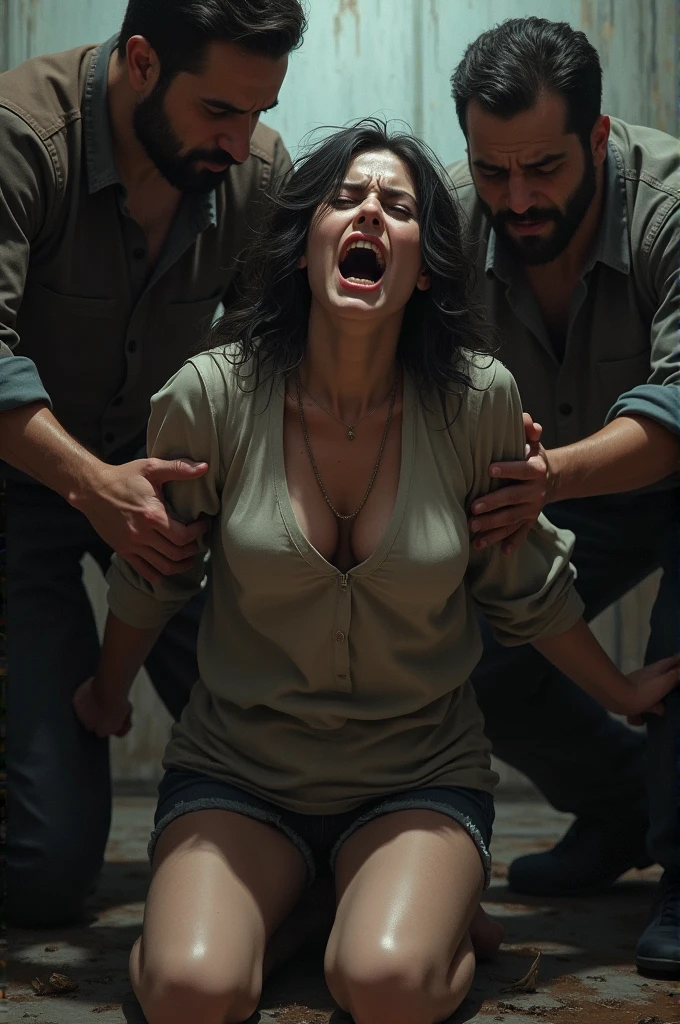 Image of a woman suffering and crying on her knees where her men try to drag her back against her will