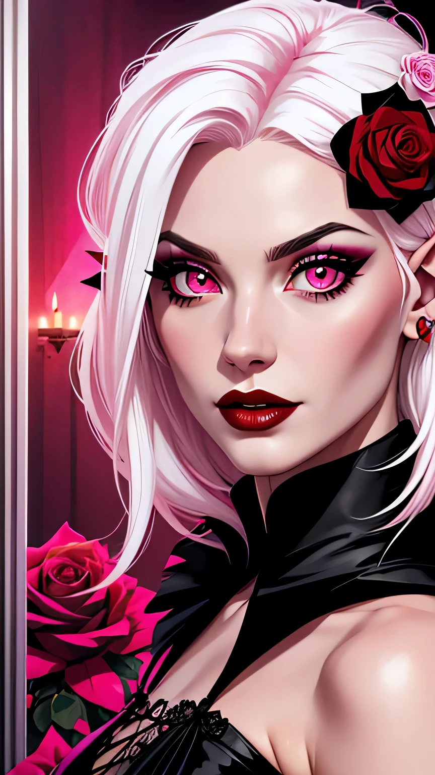 rose, flower, red rose, red flower, 1girl, 25 years old, vampire, pointy ears, pink eyes, white hair, hair flower, hair ornament, pink rose, solo, makeup, lipstick, looking at viewer, colored skin, upper body, medium bust, black rose, black flower