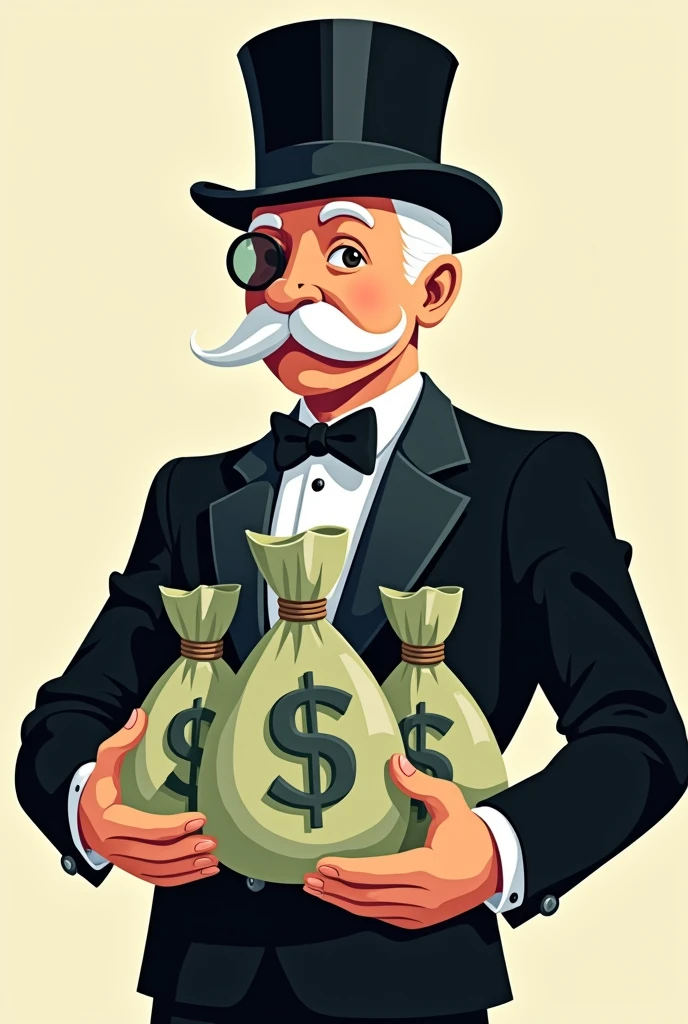 Create a vector illustration of the Monopoly man wearing a black long-sleeved shirt and holding bags of money.