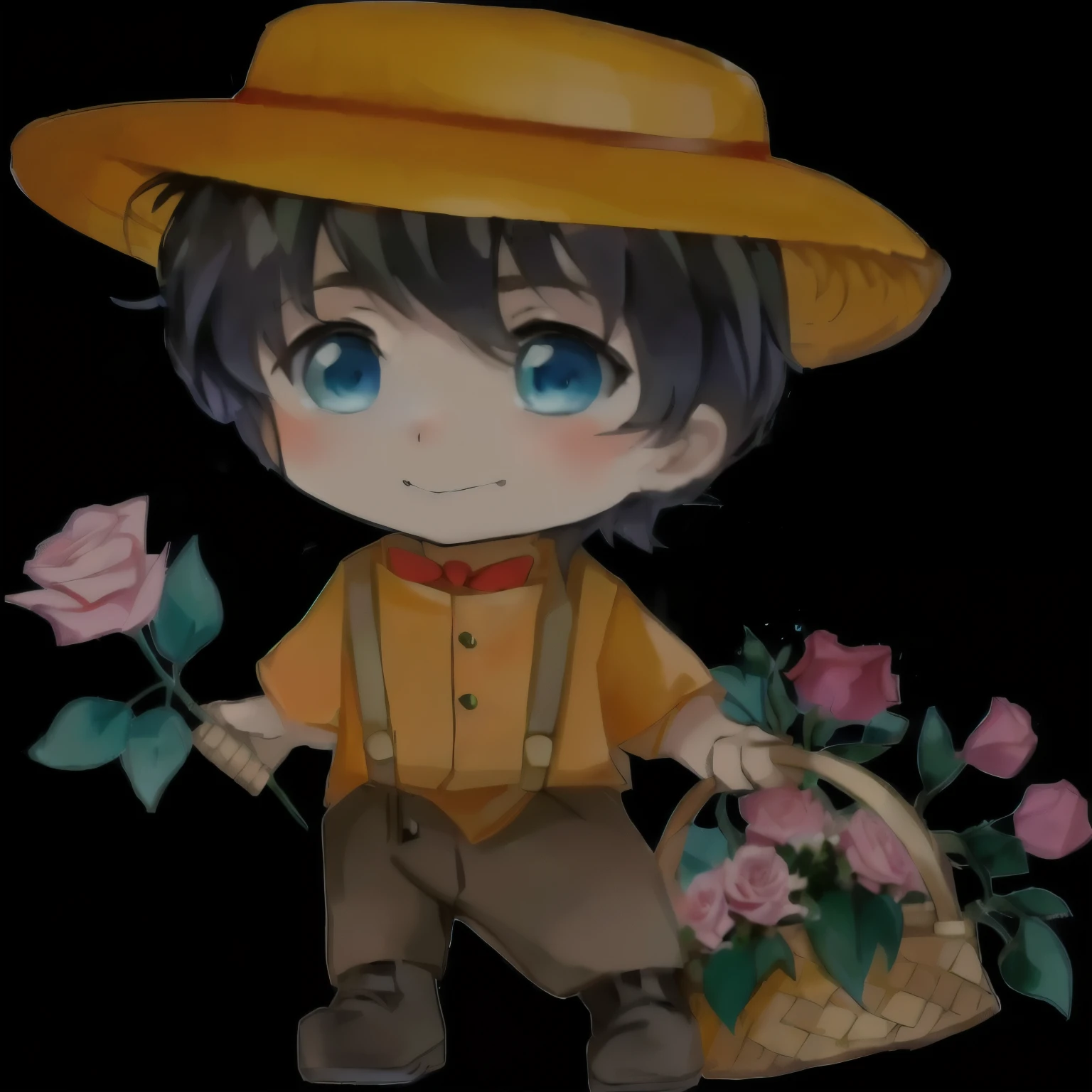 anime boy with a basket of flowers and a rose, 🍁 cute, of bravely standard ii, official fanart, the flower prince, Holding flowers mágicas, cute boy, cute character, Holding flowers, inspired by Junpei Satoh, made with anime painter studio, carrying flowers, holding a flower, stylized anime, lalafell, with straw hat, high quality fanart