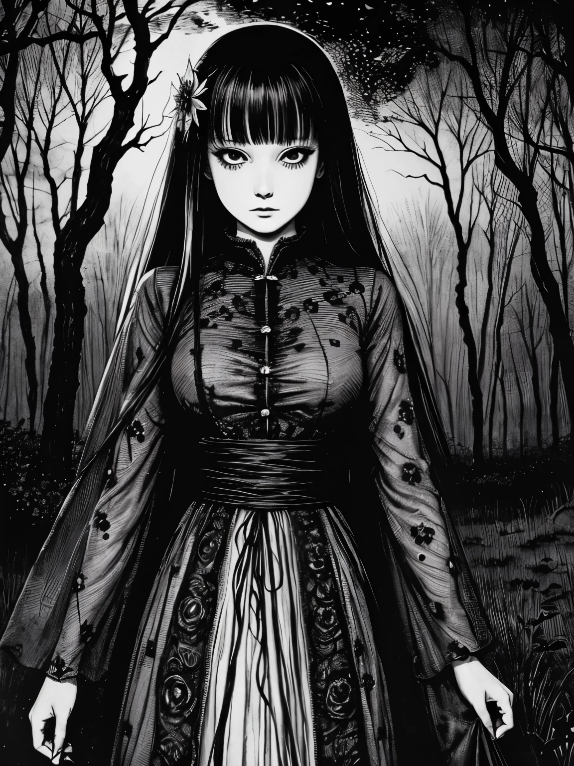 A beautiful and enchanting girl painting, Countless monsters are squirming behind me.、Anxious, Spooky, dark, noble,suspicious、Written by Junji Ito、A beautiful woman、Villainess、Japanese and Western、Unique and stylish hairstyle