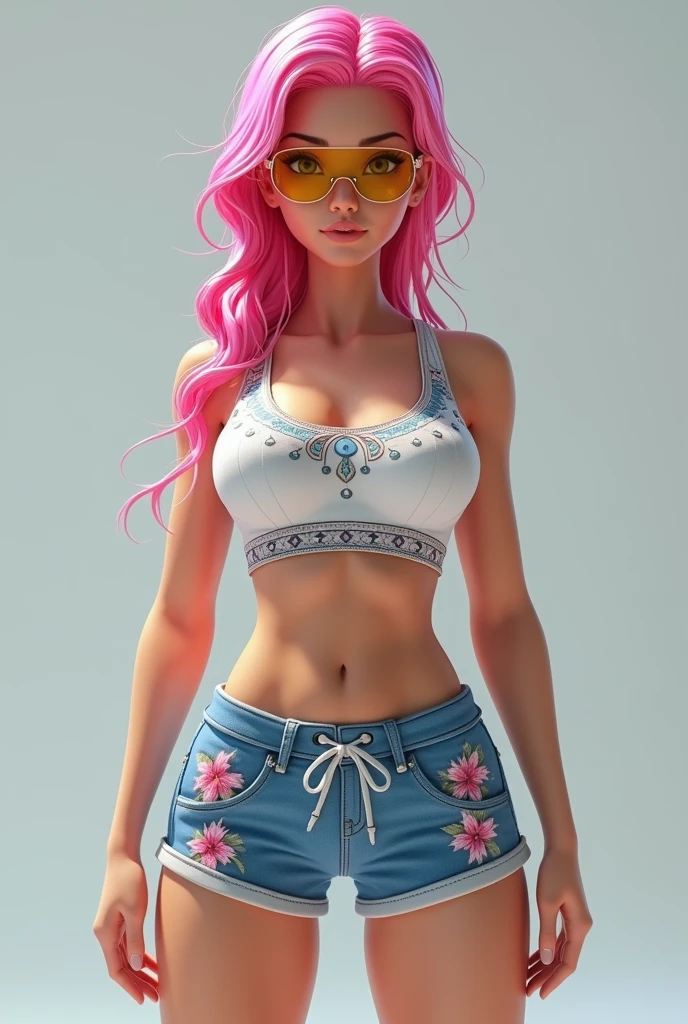 ((work of art, Maximum quality, high resolution)), ((highly detailed 8K unified CG wallpaper)), (Asian woman, 1,72m), (skin fair, Asian appearance), (extremely seductive), (Very defined muscles), (fully body), (wearing blue shorts with floral prints), (white top with tribal prints), (wearing sports glasses with yellow 90 lenses% transparent), (pink  hair)