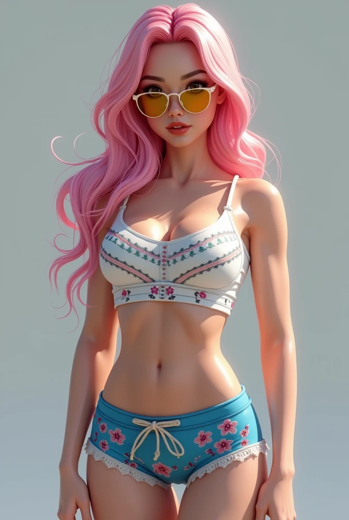 ((work of art, Maximum quality, high resolution)), ((highly detailed 8K unified CG wallpaper)), (Asian woman, 1,72m), (skin fair, Asian appearance), (extremely seductive), (Very defined muscles), (fully body), (wearing blue shorts with floral prints), (white top with tribal prints), (wearing sports glasses with yellow 90 lenses% transparent), (pink hair)