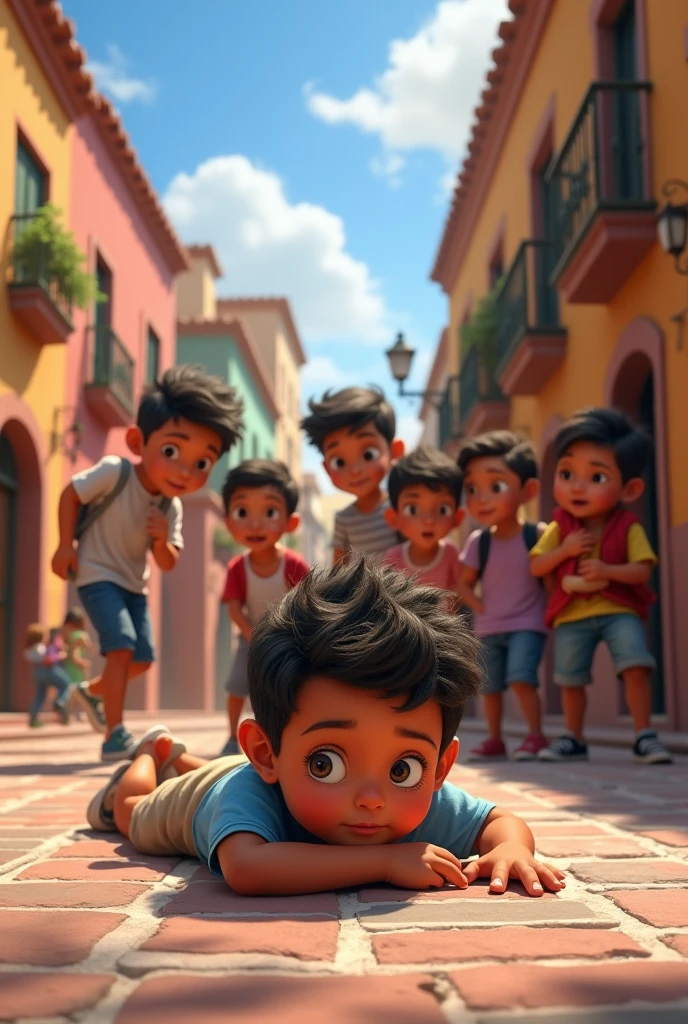 (One of the children, Juanito,, He trips and falls to the ground in the central square, hurting his knee,. Tears fill his eyes as the other children gather around him worriedly..)