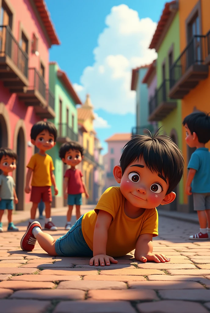 (One of the children, Little Juanito,, He trips and falls to the ground in the central square, hurting his knee,. Tears fill his eyes as the other children gather around him worriedly..)