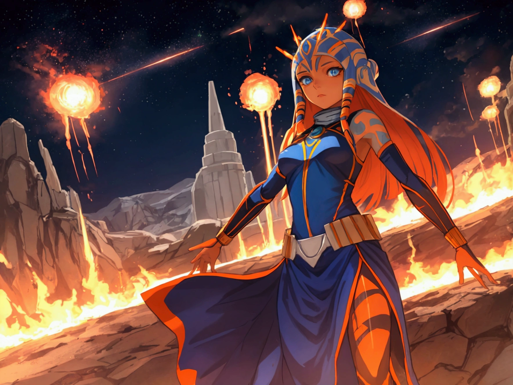Ahsoka Tano, Star Wars, Togruta specime, in a secret organization outfit, her eyes are serene, she is coming out of a battle, beautiful eyes, blue eyes, scene apocaliptica on fire, sparks flying from the flames of fallen bodies,
