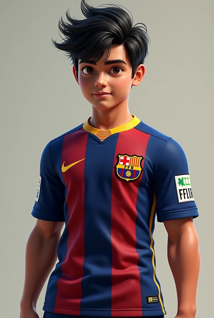 You can generate a boy 163 cm tall,a little dark, with muscle , Brown eyes, black hair,disheveled hair, wearing a Barcelona shirt