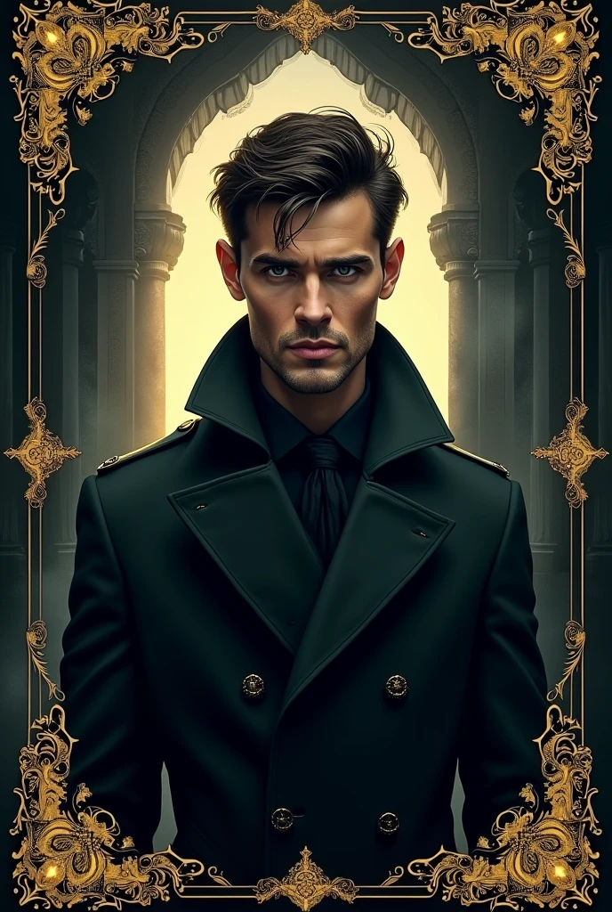 Book cover with a man and gold decorations on the sides 