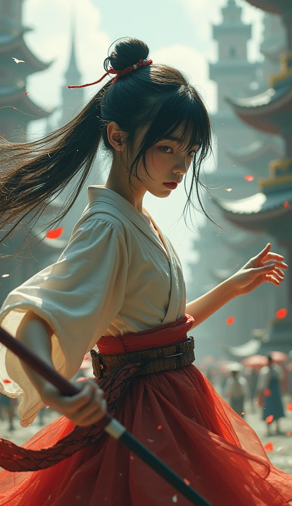 Highest quality 8K Japanese Beautiful Girl Fantastic World Fantastic costumes Fantastic Background Long shot whole body Fantastic Building Fighting stance Sweat gushing forth Disheveled Hair heavy breathing Carrying a weapon The figures are small