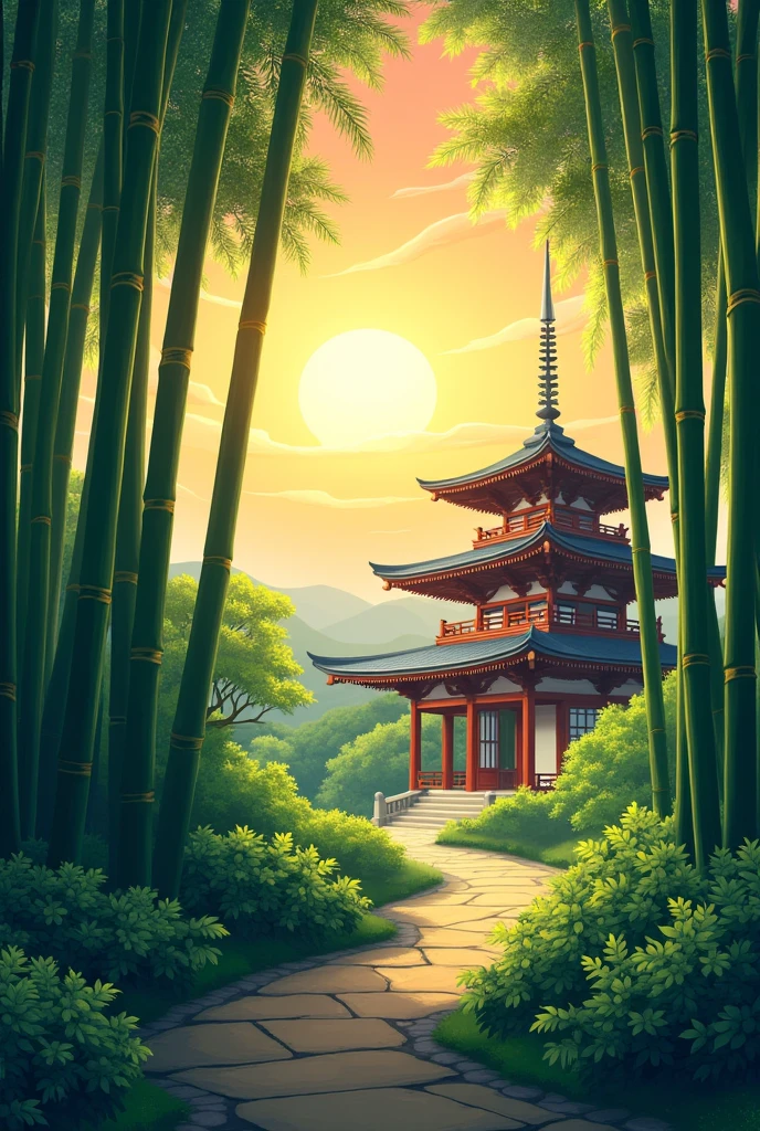 Create a bamboo forest with a temple in the background in an animated sunset style 