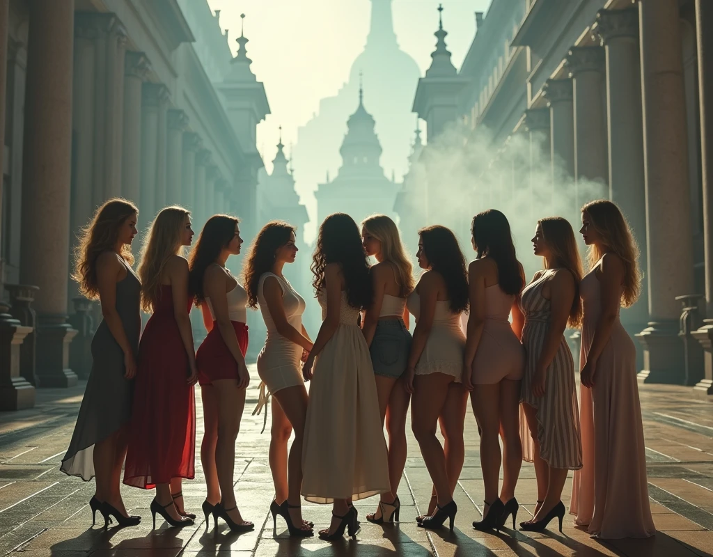 (((masterpiece))), (((Highest quality))), ((Very detailed)), (photograph), (photo:1.2) of women in a town monumental square posing for a picture, small breasts, super realistic, (different hairstyles and different nationalities). (Different dresses: long red, short green, high-heels, t-shirt and jeans). (different heights and different body shape: fat, thin, normal, redhead). 8k, sharp focus, high detail, majestic photograph, Trending on CGSociety, Artstation. Cinematic lights. Masterpiece, best quality, photo realistic, wallpaper, wallpaper 8k, photographic contest winner, Hyperrealistic art cinematic film still photography in the style of detailed hyperrealism photoshoot. [Entire scene is surrounded by lights, evoking a magical and eerie atmosphere. The lighting is bright and atmospheric, with smoke adding a touch of sinister ambiance. Best quality image, HDR enhancement, showcasing the utmost level of detail and realism]. [8K, Best Quality, Ultra High Resolution, (highly detailed CG unity 8k wallpaper), (best photo), (best shadows), isometric 3D, octane rendering, ray tracing, highly detailed, (Best quality, 4K, 8k:1.2), absurdity, ultra detailed, (realistic, photorealistic, photorealistic:1.37), complex parts, HDR, (complex parts:1.12), (hyper detailed, hyper realistic, Soft lighting, spicy:1.2), (complex parts, Hyper detailed:1.15). Blurred foreground. (backlit), masterpiece, high quality, brightness, chromatic aberration, foggy smoke, shadows, contrast, clear sky, (warm hue, warm tone), high details, natural reflections].