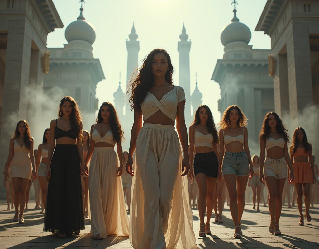 (((masterpiece))), (((Highest quality))), ((Very detailed)), (photograph), (photo:1.2) of women in a town monumental square posing for a picture, small breasts, super realistic, (different hairstyles and different nationalities). (Different dresses: long red, short green, high-heels, t-shirt and jeans). (different heights and different body shape: fat, thin, normal, redhead). 8k, sharp focus, high detail, majestic photograph, Trending on CGSociety, Artstation. Cinematic lights. Masterpiece, best quality, photo realistic, wallpaper, wallpaper 8k, photographic contest winner, Hyperrealistic art cinematic film still photography in the style of detailed hyperrealism photoshoot. [Entire scene is surrounded by lights, evoking a magical and eerie atmosphere. The lighting is bright and atmospheric, with smoke adding a touch of sinister ambiance. Best quality image, HDR enhancement, showcasing the utmost level of detail and realism]. [8K, Best Quality, Ultra High Resolution, (highly detailed CG unity 8k wallpaper), (best photo), (best shadows), isometric 3D, octane rendering, ray tracing, highly detailed, (Best quality, 4K, 8k:1.2), absurdity, ultra detailed, (realistic, photorealistic, photorealistic:1.37), complex parts, HDR, (complex parts:1.12), (hyper detailed, hyper realistic, Soft lighting, spicy:1.2), (complex parts, Hyper detailed:1.15). Blurred foreground. (backlit), masterpiece, high quality, brightness, chromatic aberration, foggy smoke, shadows, contrast, clear sky, (warm hue, warm tone), high details, natural reflections].