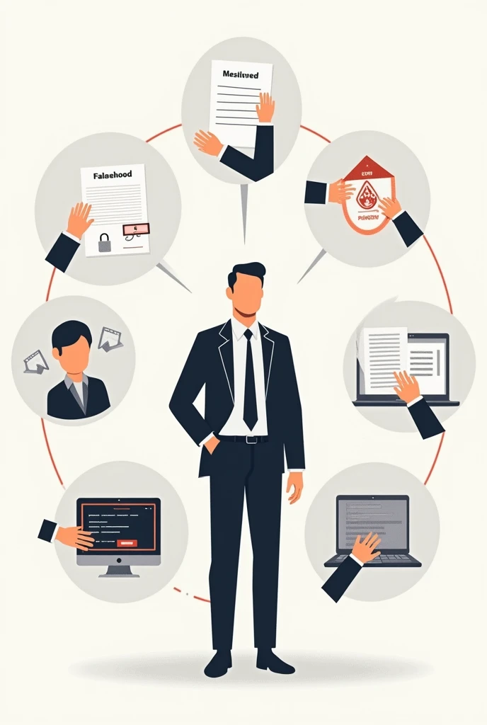 "An illustration that represents various violations of the Personal Data Protection Law. In the middle, shows a figure of a responsible person with a list of problematic actions around them. These actions include: a form with an unattended request (to represent failure to meet requests), a document marked 'Falsehood' (to represent false data declaration), A broken padlock (to symbolize security breach), and a data transfer with a warning signal (to indicate unauthorized transfer). A figure obstructing a verification process can also be included, a computer with a fraud alert, and a hand that continues to use data despite a request to cease. The image should convey the variety of possible breaches and the importance of adhering to the Law."