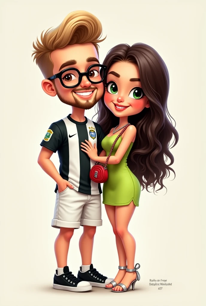 A cartoon or caricature drawing of a couple. The boy has a square face and does not have a thin chin., big forehead, It's blond, He has straight, short hair, shorty, no quiff with the bangs combed to the side, Okay. His hair is not frizzy. Eleusa light brown beard, short and mustache, and has light brown eyes. He wears rectangular glasses with black frames and smiles. He doesn't wear earrings. He wears white denim shorts that cover his knees. He wears a jersey of the Rio de Janeiro football team Botafogo which has vertical black and white stripes and the team crest on the left chest.. The team's crest is a black shield with a white five-pointed star in the middle.. He wears black low-top sneakers with a white stripe on the sole.. He doesn't wear socks. He wears a black leather chain around his neck with a silver pendant. His right hand is in his shorts pocket and his left hand is on his girlfriend's waist. ella, A sua volta, has dark brown slightly wavy very long hair, almost at the waist, green eyes and thick eyebrows. ella veste um vestido verde limão só um pouquinho acima dos joelhos, a small red bag and silver sandals. The sandal has thin straps crossed at the front and has a 4cm thin high heel. ella está de lado, with one knee bent at 90 degrees with the foot back. ella está apoiando as mãos no ombro do namorado, while he holds her waist.