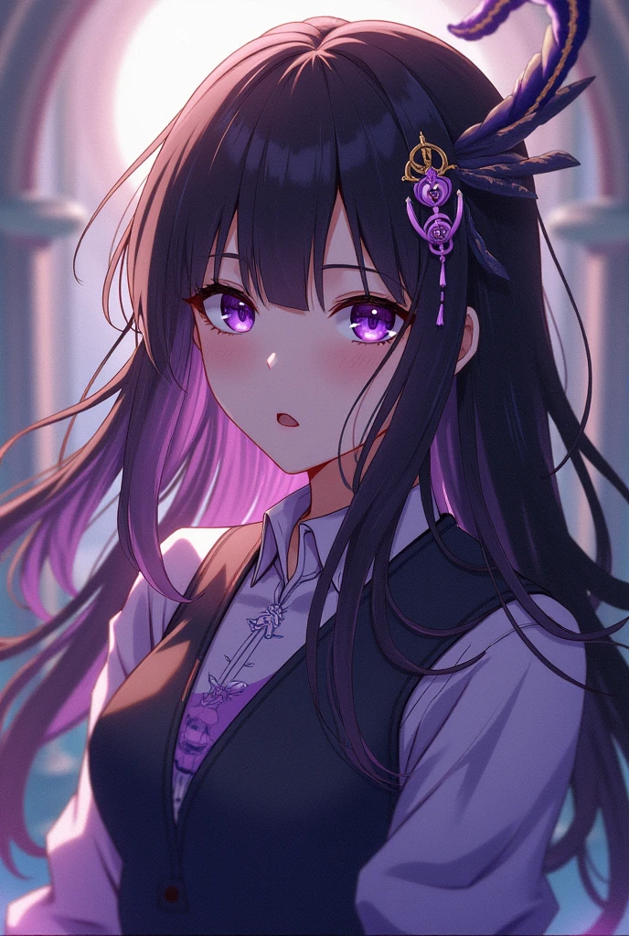 Jujutsu Kaisen anime girl, straight brown hair with a lilac streak, Lilac Eyes
