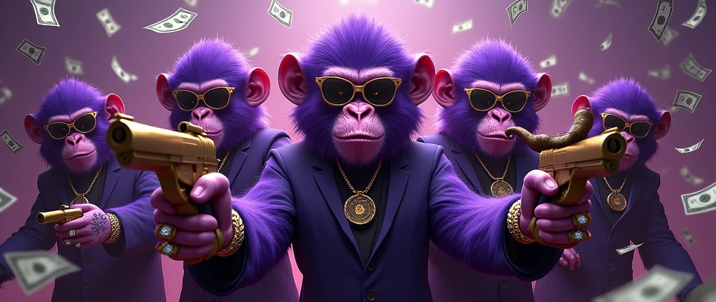Gang of purple monkeys with a female monkey in the middle and a monkey in the middle, With giant and high-caliber weapons, with gangster SUIT with chains, tattooed, with huge diamond and gold rings, smoking with a pipe, the bottom full of dollars