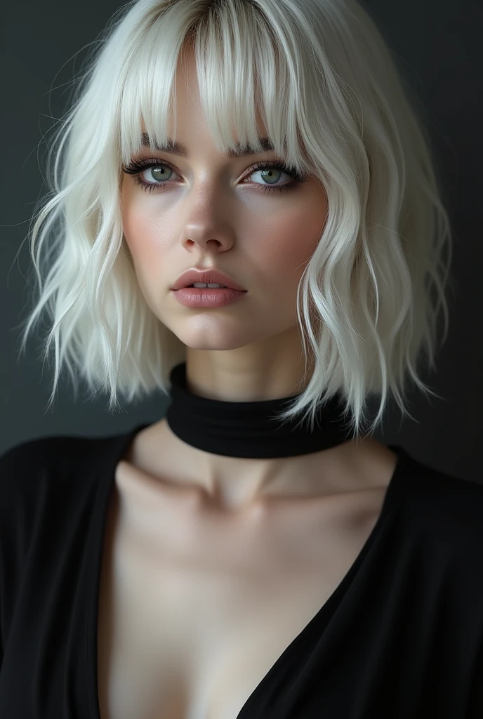 Platinum blonde woman with shoulder length hair and a choker necklace no earrings