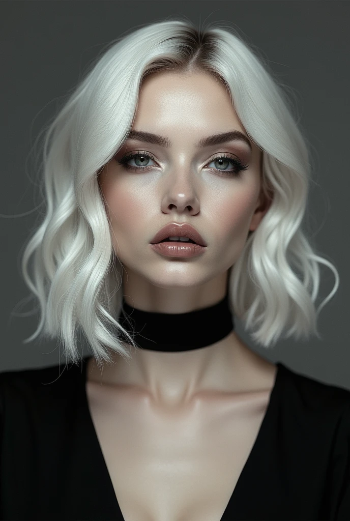 Platinum blonde woman with shoulder length hair and a choker necklace no earrings