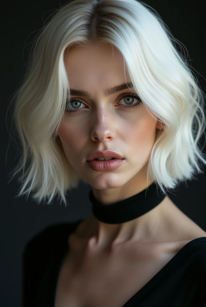 Platinum blonde woman with shoulder length hair and a choker necklace no earrings