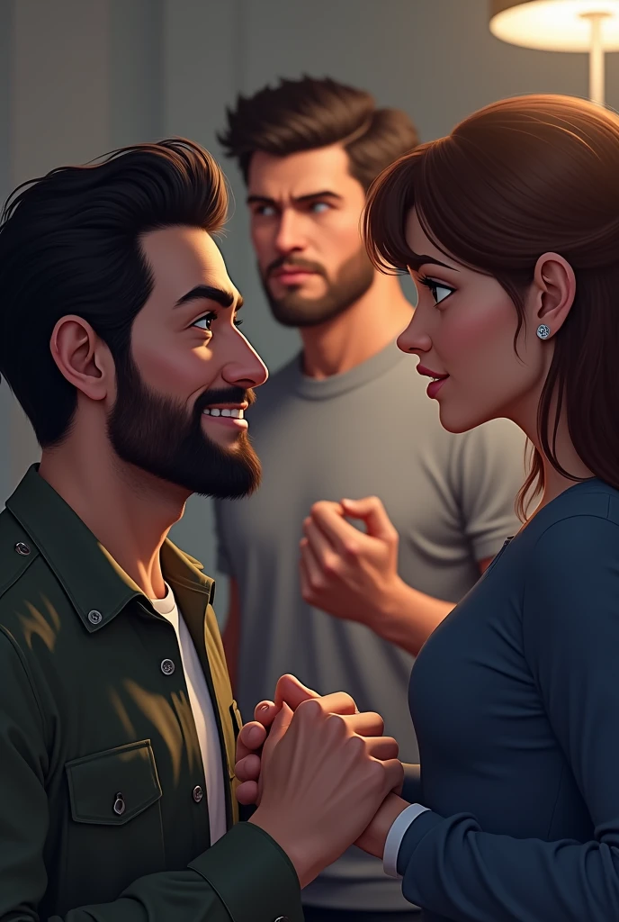 A man who is greeting a woman and his male partner is looking at him angrily , that the man is greeting the woman 