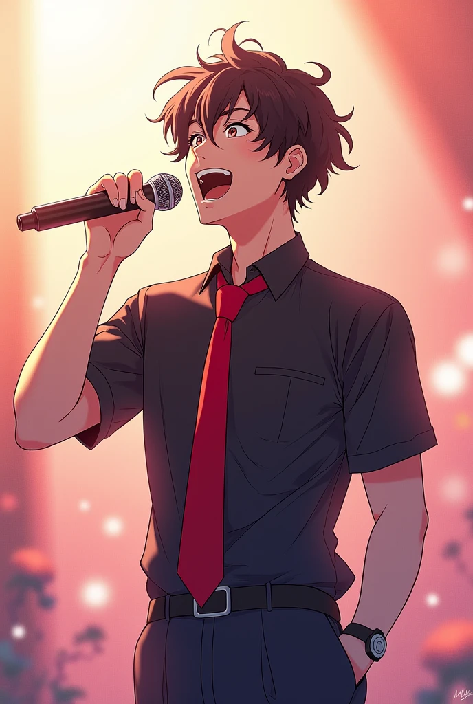 The atmosphere is like a shoujo manga.、An oblique view of a man holding a microphone and singing enthusiastically、He is wearing a short-sleeved black shirt and a red tie