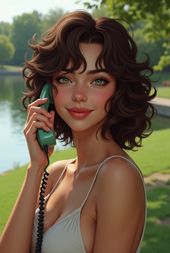 1womanl, white, Latin trait, sharp nose, thick lips, brown curly hair, greeneyes, smirk on face, answering phone (high resolution, high qualiy, best contrast), (background of a park, with a lake in the background)