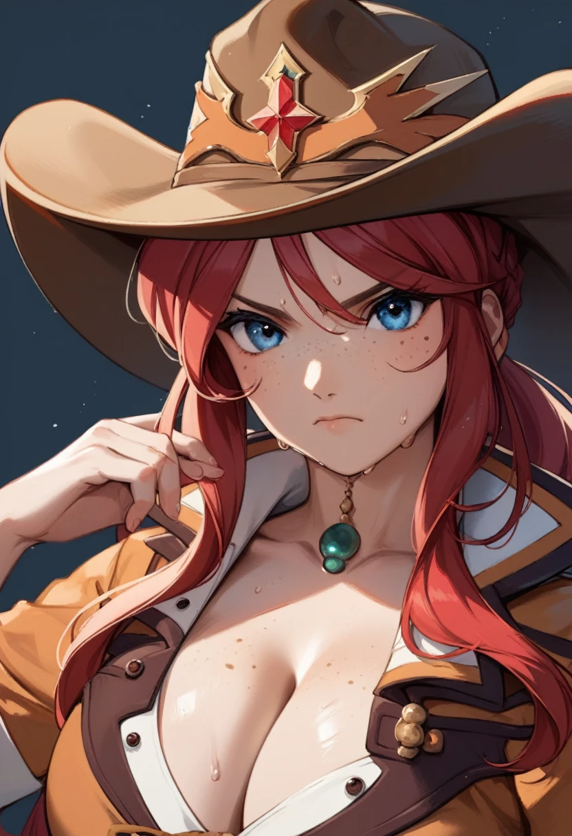 score_9, score_8_up, score_7_up, very aesthetic, source_anime, detailed, high quality, beautiful, masterpiece, detailed eyes,
(Simple dark background), blurry background,
Close-up, upper body, (angry facial expression), closed mouth, sweat, facing the viewer, looking at the viewer, view from below,
gemini sunrise, red hair, long hair, blue eyes, freckles, sidelocks, big breasts, cleavage,
cowboy hat, fringe trim, zPDXL