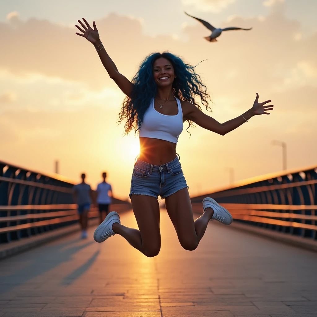 Smiling Beautiful biracial latina woman , blue long wavy hair, blue light eyes, large breast, do a jumping jack on a bridge with a sunset behind her, wear a white crop top with a blue jeans shorty, white shoes,Résolution Haute, spread straight arms, spread straight legs, flying bird far away behind, some people far behind, full body detailed, her shadow on the ground