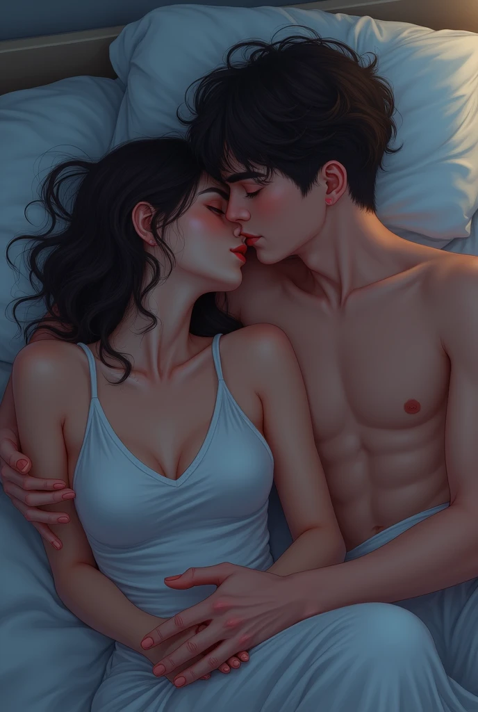 An 18-year-old male and an 18-year-old female are resting in bed., She is kissing lips, Cool backgrounds, Without clothes ,The woman is wearing a tank top