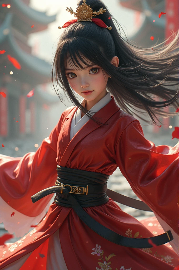 Highest quality 8K Japanese Beautiful Girl Fantastic World Fantastic costumes Fantastic Background Long shot whole body Fantastic Building Fighting stance Sweat gushing forth Fight the enemy monster