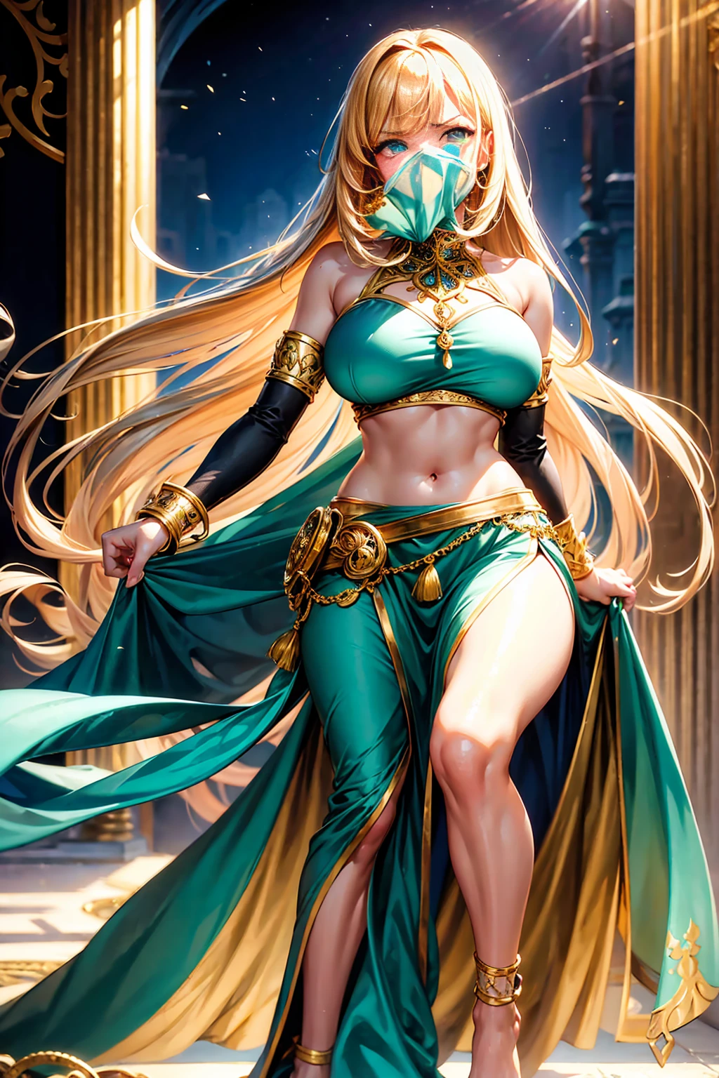 (masterpiece), best quality, expressive eyes, perfect face, ((best quality)) ((masterpiece)), beautiful_scenery_background, 1woman, solo, long hair, very_long_hair, bangs, blonde hair, green_eyes, blush, freckles, angry_at_viewer, huge_breasts, massive_breasts, small_waist, wide_hips, turquoise_royal_gown, gold_sandals, gold_cuffs, gold_armlet, gold_jewelery, gold_trim