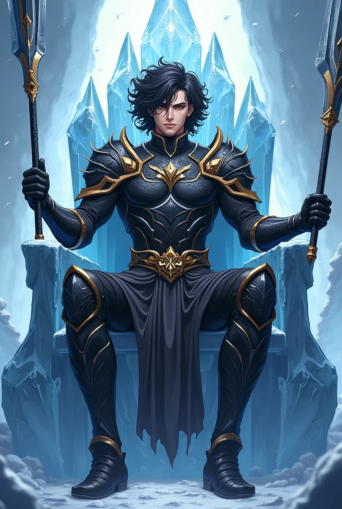realistic Anime Guy Ice King sitting on a Ice throne, curly black hair, light brown skin, with dark brown eyes. Ice armor with black and Gold details. Royal aura with ice swords and spears around. Bad boy face Powerful aura