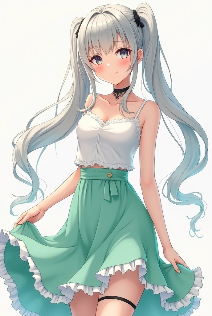 A short, pretty, young woman wearing a white knitted tank top and a mint green fishtail skirt。Full body front view、anime、White skin、Her hair is long and silver, and she wears it in half-pigtails.、Idol Costumes、White frills on the dress、Black garter belt on thigh、She wears a mint green ribbon choker around her neck.。