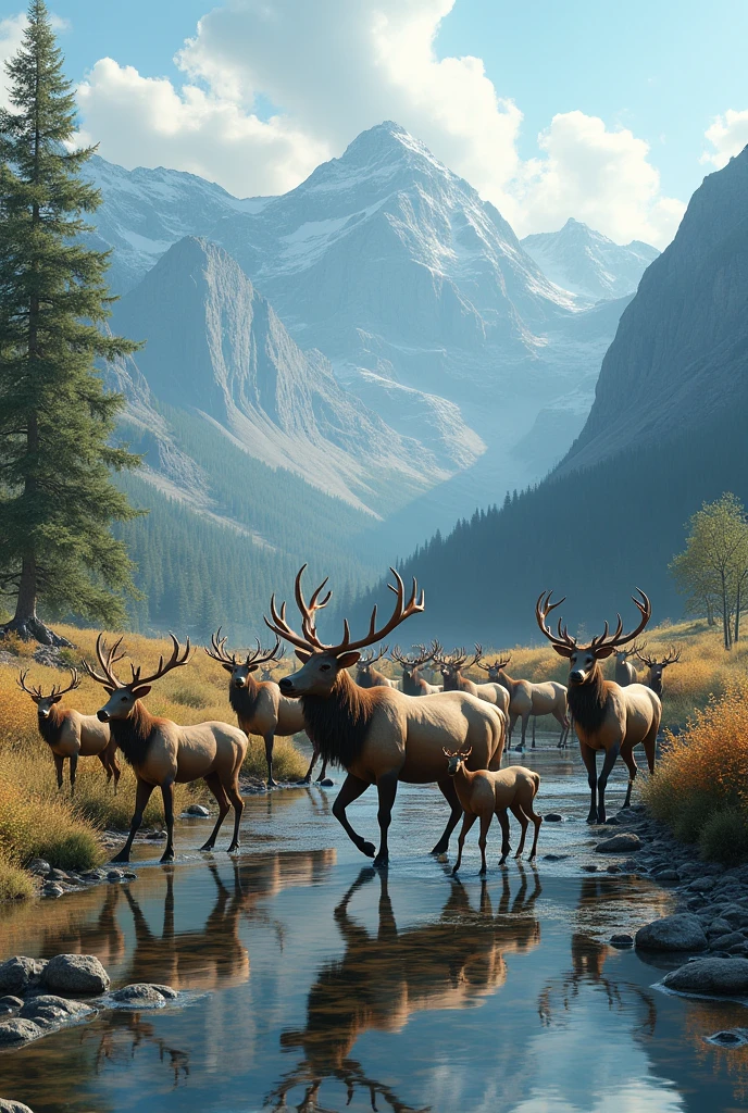 ((head of'artwork)), best quality, (8k, best quality, head of'artwork: 1.2), ultra-detailed, un troupeau de wapitis marchant le long d'a river in a mountain valley, realistic, latina