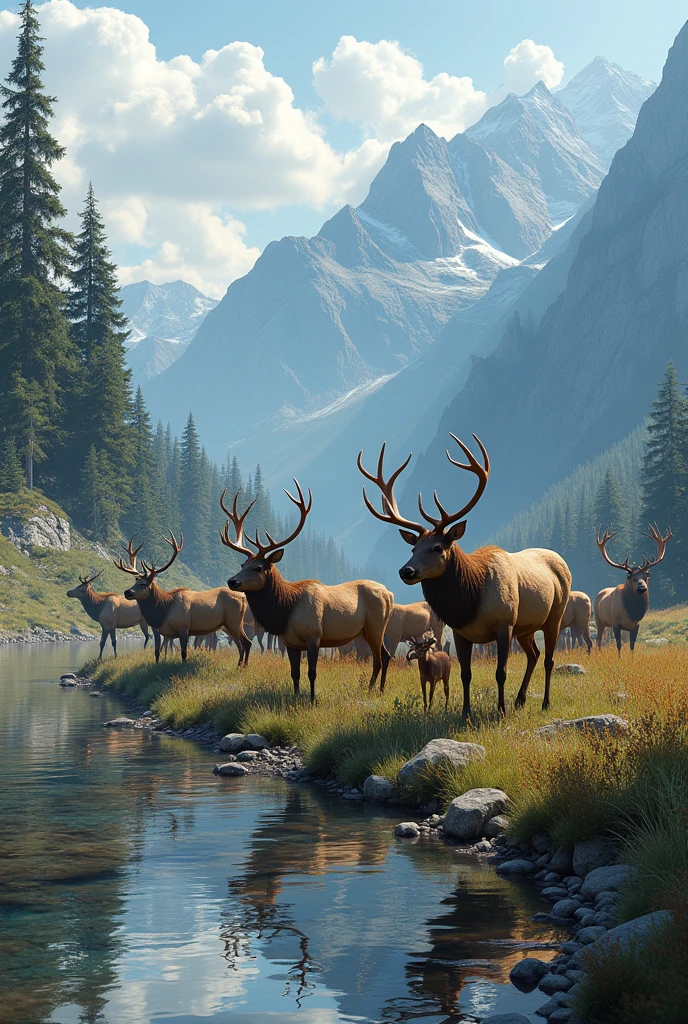 ((head of'artwork)), best quality, (8k, best quality, head of'artwork: 1.2), ultra-detailed, un troupeau de wapitis marchant le long d'a river in a mountain valley, realistic, latina