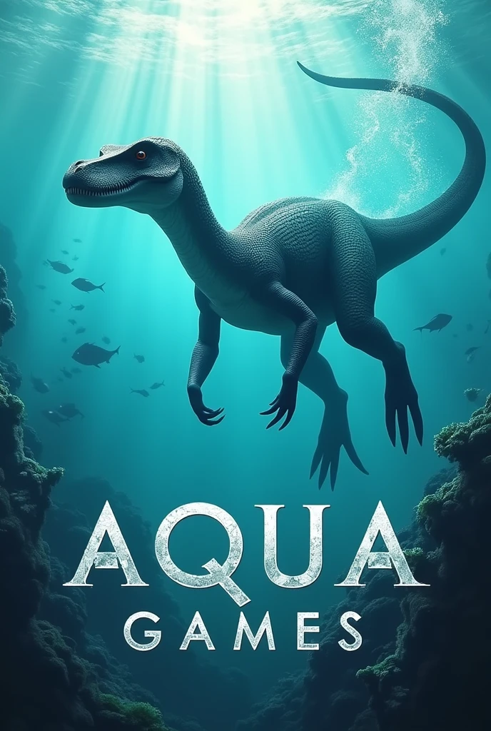 Create a dinosaur image for YouTube that says AQUA GAMES with dimensions of 2048x1152 pixels.