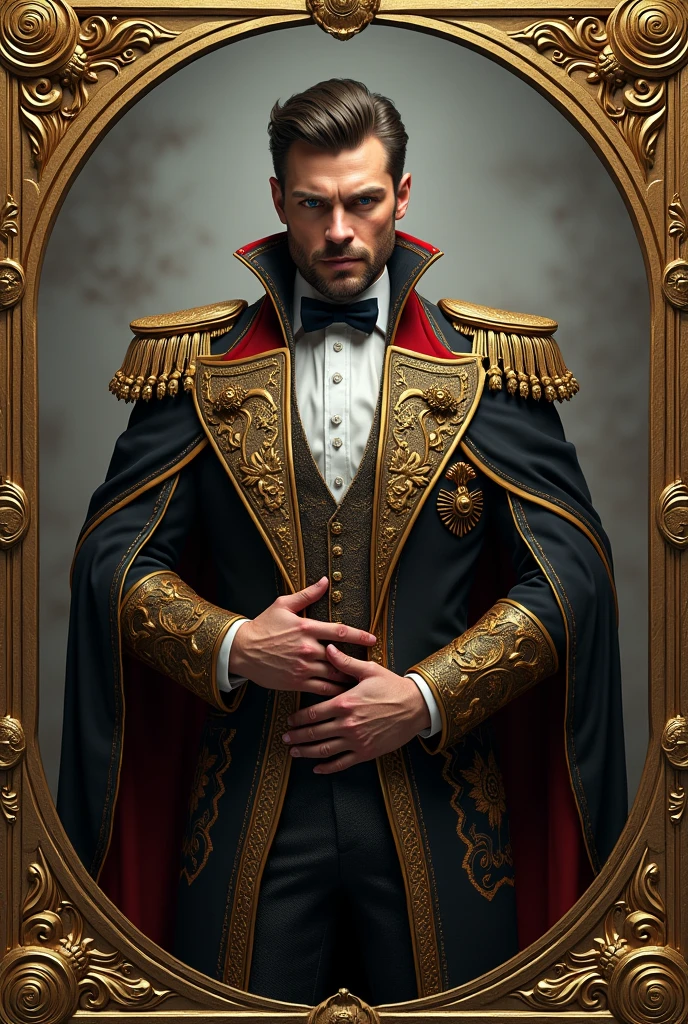 Book cover with a man and gold decorations on the sides