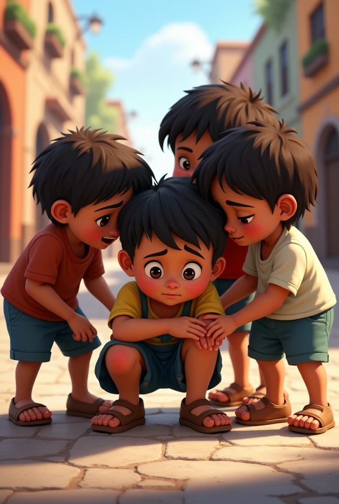 (One of the children, Little Juanito,, He trips and falls to the ground in the central square, hurting his knee,. his eyes filled with tears as the other children surrounded him with concern.)