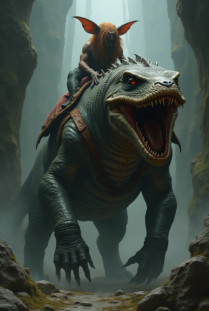 A big fat 4 legged scaly monster, with a leather mount without eyes with big ears and lots of brown hair 