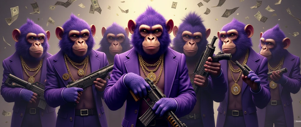 Gang of purple monkeys with a female monkey in the middle and a monkey in the middle, With giant and high-caliber weapons, with gangster SUIT with chains, tattooed, with huge diamond and gold rings, smoking with a pipe, the bottom full of dollars
