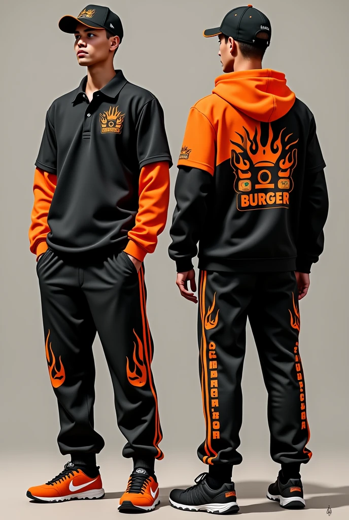 Design a complete uniform for a burger restaurant with the 402burger logo in black and orange colors with a polo shirt and jogger pants that is creative, with an urban and disruptive style with creative designs and flames on the sweatshirt and shirt and a cap.