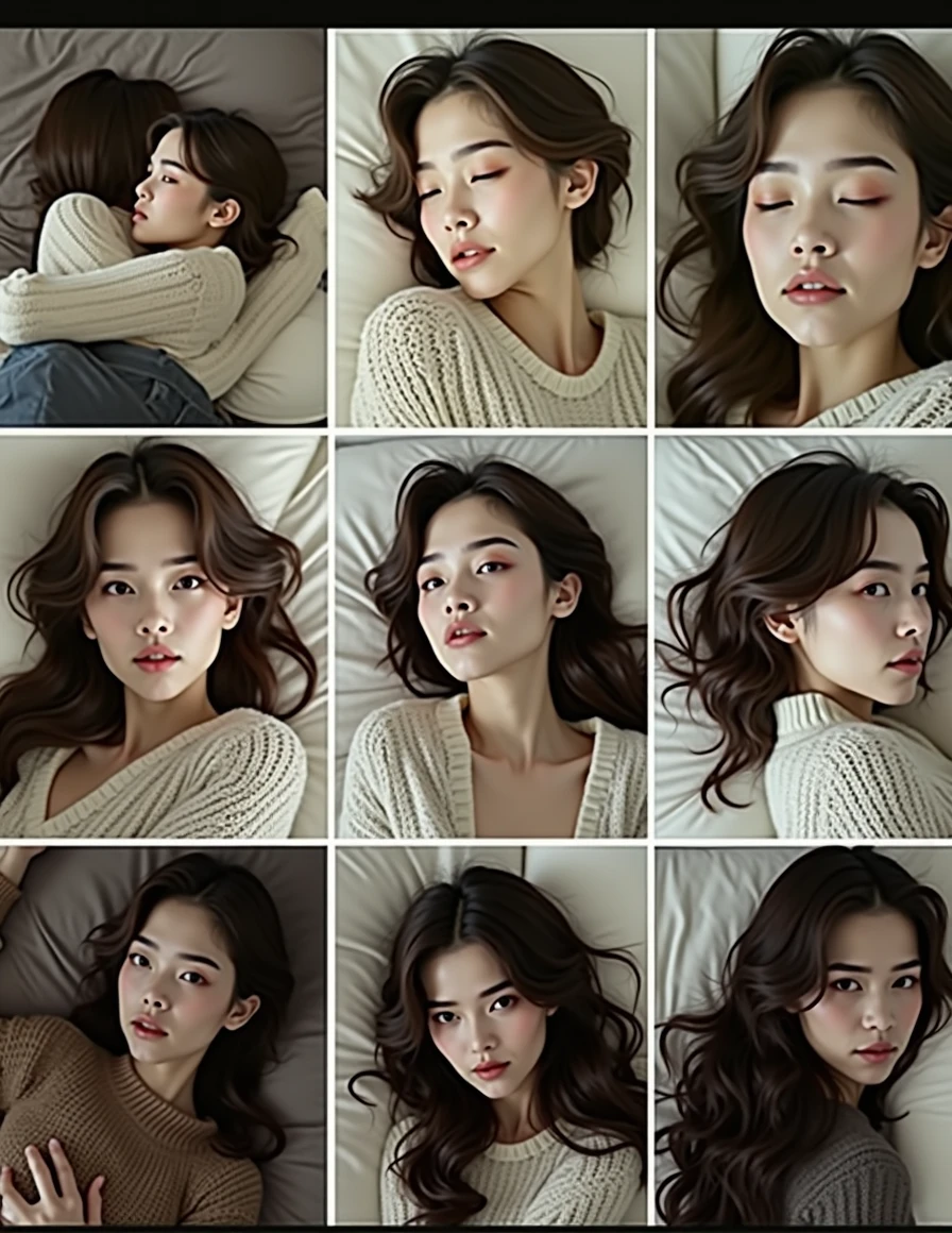 photo taken from above, gorgeous woman, thin hourglass body, on the bed, boyfriend girlfriend from behind, puppy position, holding the thighs, cute hair, highy detailed, expression of pleasure, 8k, 4k resolution, dynamic lighting, High definition resolution, wearing sweater, skirt raised, camel toe, beautiful ass, camera cut after thighs