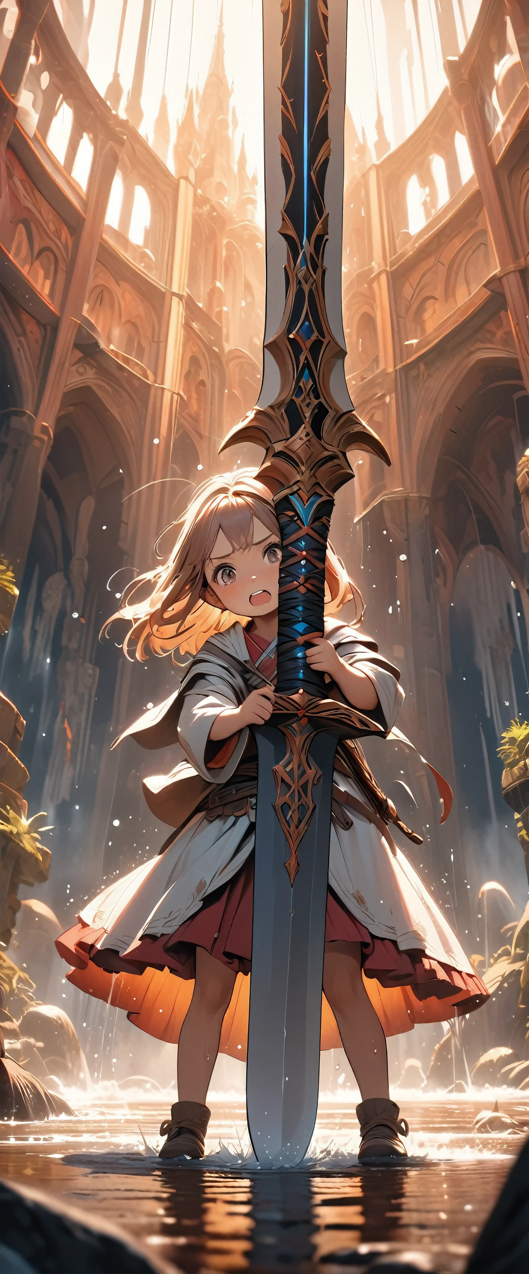 a young girl with a huge weapon, cute expression, struggling to lift the oversized sword, straining with all her might, face flushed red, drenched in sweat, extremely wide shot, photorealistic, 8k, highly detailed, dramatic lighting, warm color palette, fantasy art style