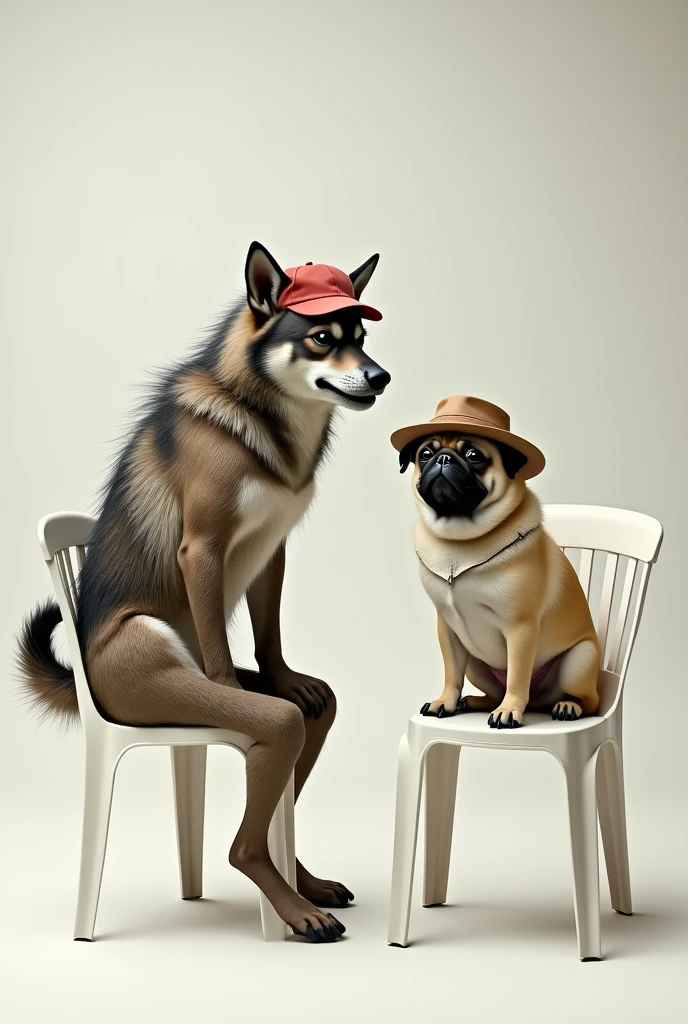Create an image with a werewolf with a cap, a pug with a hat sitting on two different white plastic chairs