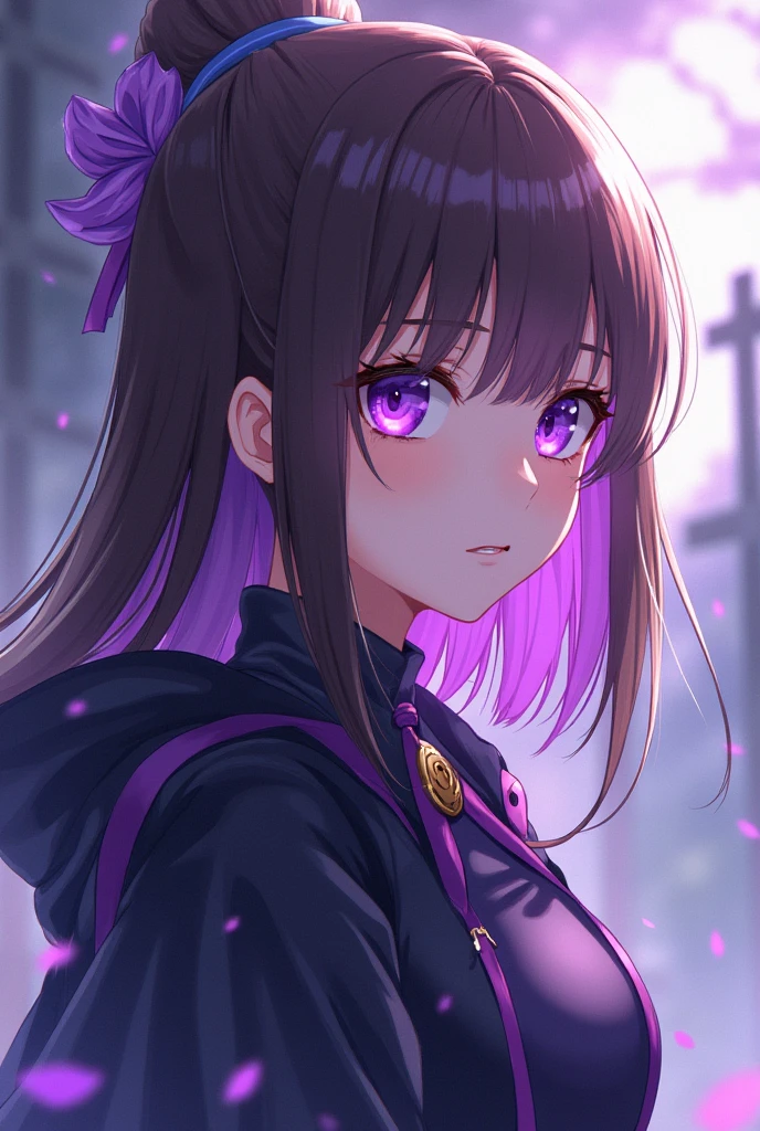 Jujutsu Kaisen anime girl, straight brown hair with a lilac streak, Lilac Eyes