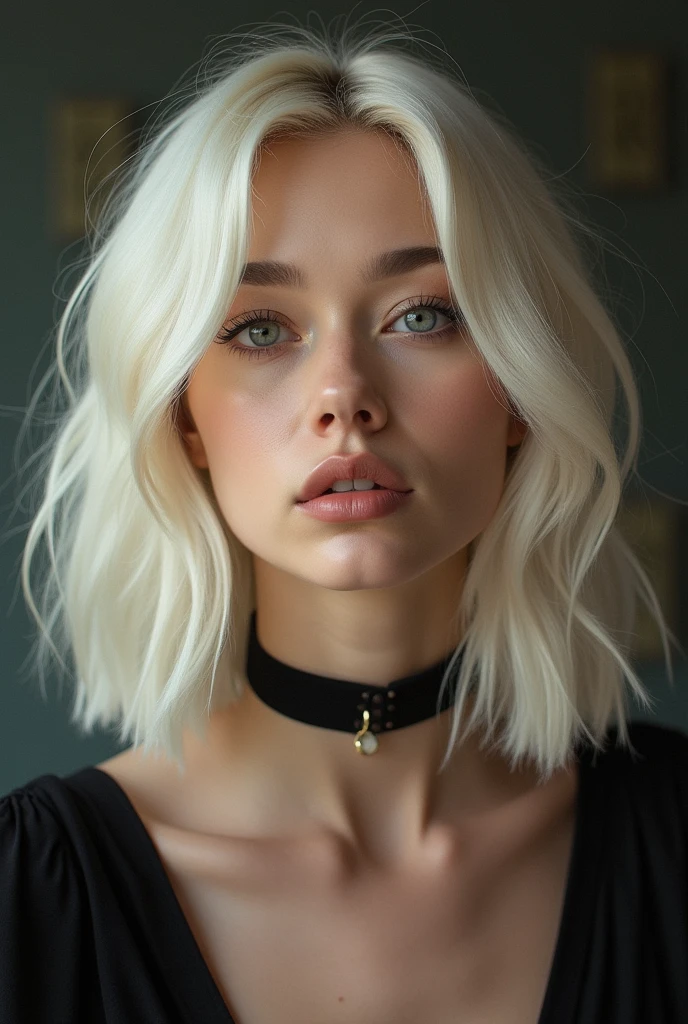 Platinum blonde woman with shoulder length hair and a choker necklace no earrings no cleft chin