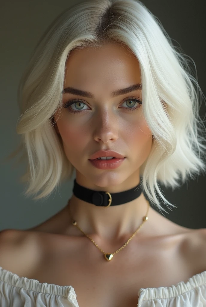 Platinum blonde woman with shoulder length hair and a choker necklace no earrings no cleft chin
