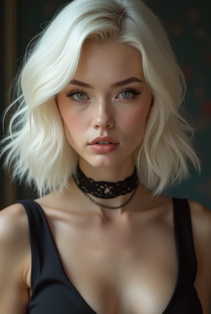 Platinum blonde woman with shoulder length hair and a choker necklace no earrings no cleft chin