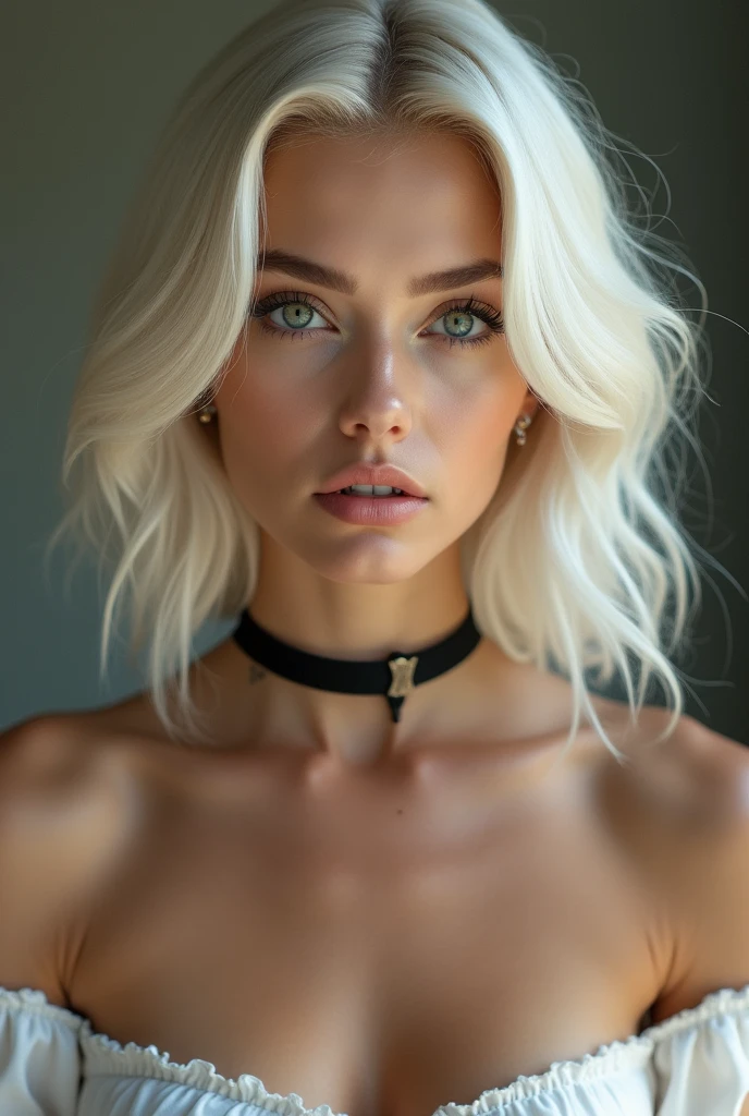 Platinum blonde woman with shoulder length hair and a choker necklace no earrings no cleft chin